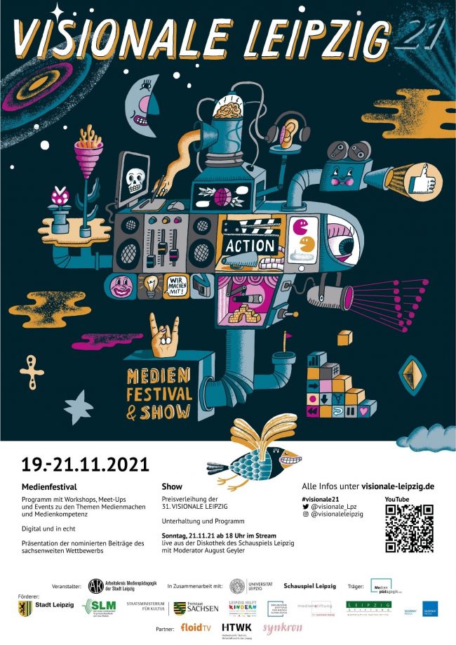 Design ohne Titel(1) Poster VISIONALE LEIPZIG, auf dunklen Hintergrund fliegt ein Raumschiff mit verschiedenen Medienanwendungen. Unten steht Medienfestival und Show, dann das Datum 19.-21.11.2021. Darunter folgt Text und darunter die Förderer und Partner